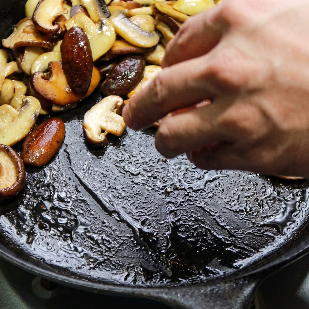 Speckstücke braten in der Pfanne zusammen mit den angebratenen Pilzen.