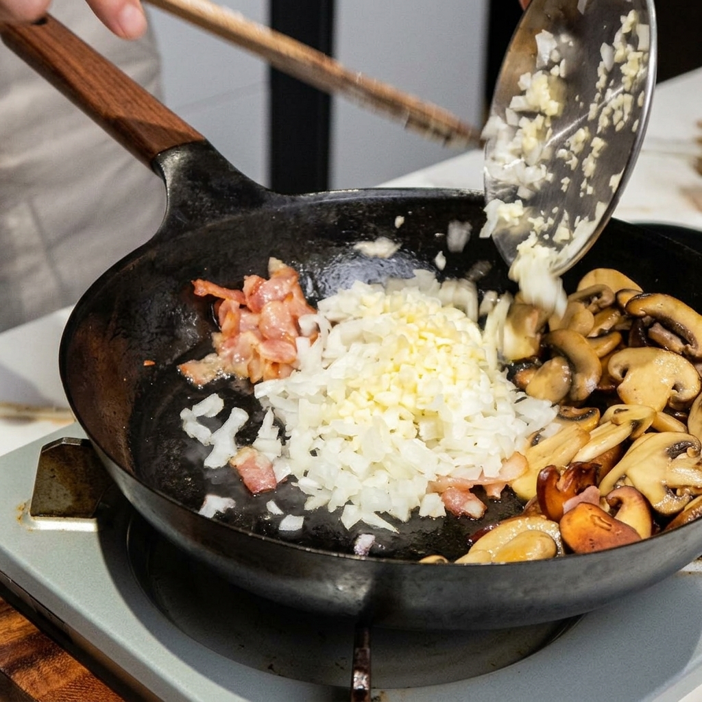 Gehackte Zwiebeln und Knoblauch werden zur Pilz-Speck-Mischung gegeben.