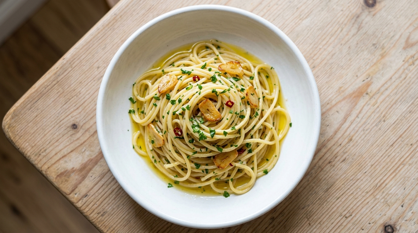 Eine Schüssel perfekt gekochte Spaghetti Aglio e Olio, geschwenkt in glänzendem Olivenöl mit Knoblauch und Chili.