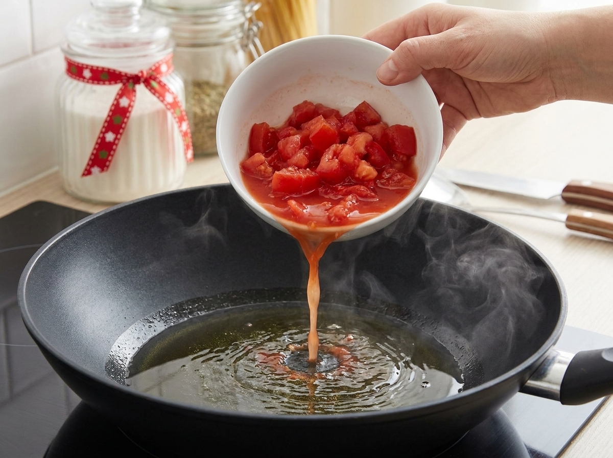 Gewürfelte rote Tomaten werden aus einer weißen Schüssel in einen Wok mit heißem, glänzendem Öl gegeben.