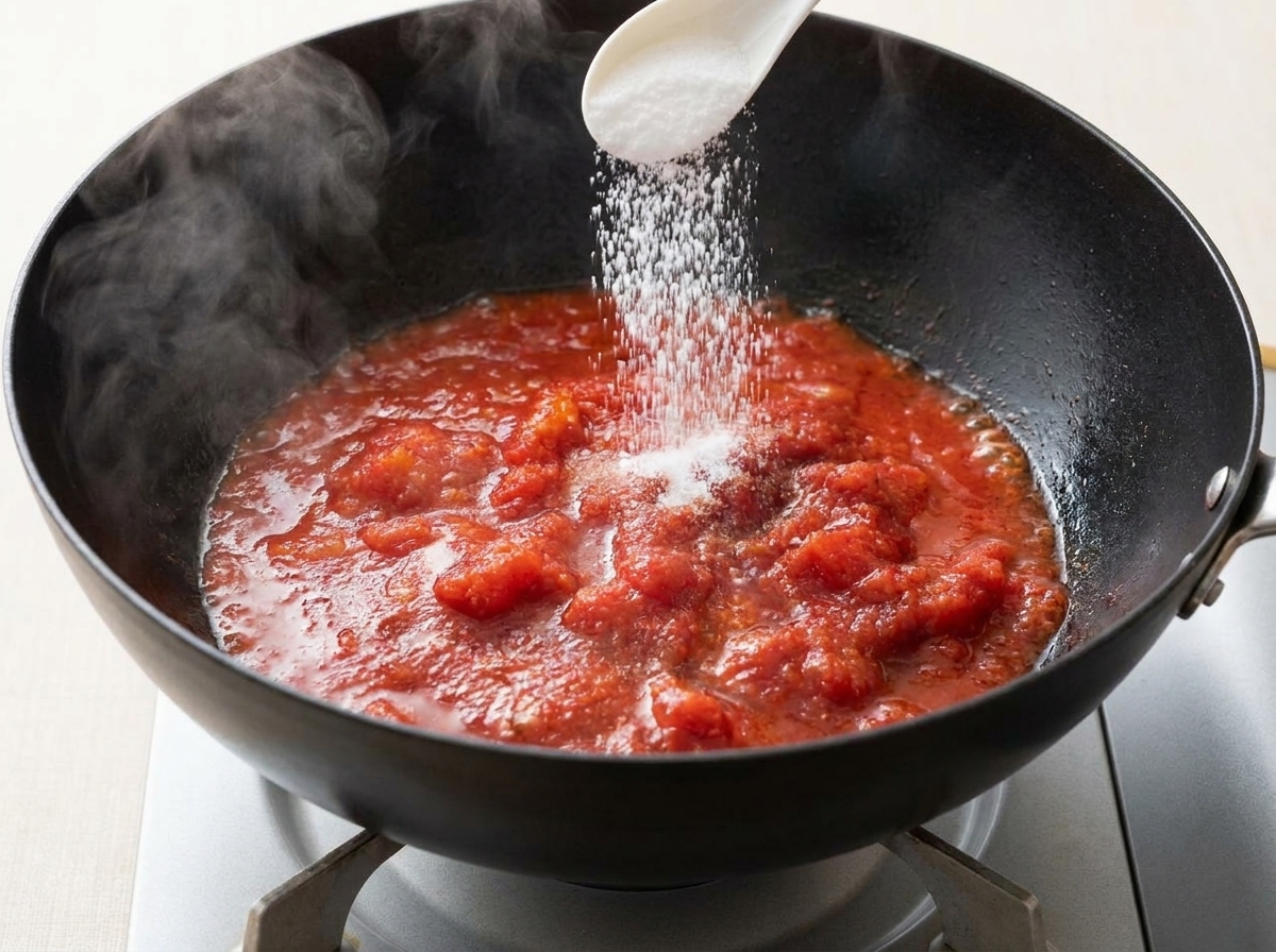 Ein weißer Löffel streut Salz über eine köchelnde Mischung aus angebratenen Tomaten und Tomatenmark in einem Wok.