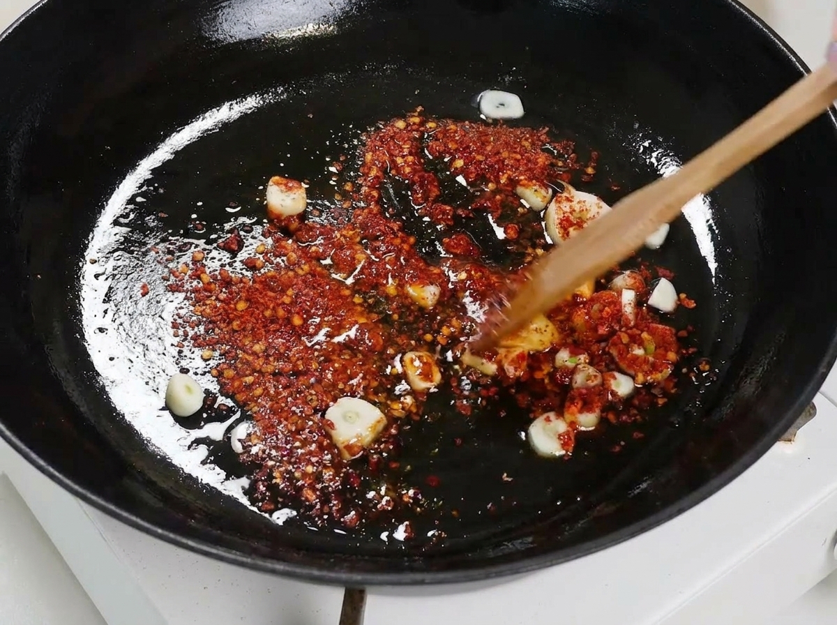 Eine Handvoll trockene Spaghetti liegen flach in einer Pfanne mit Knoblauch und Chili und werden mit einem Holzwerkzeug nach unten gedrückt.