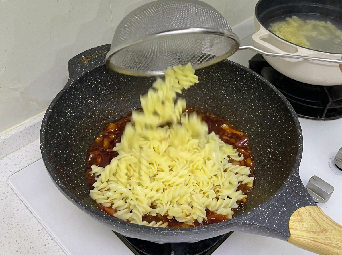 Gekochte Fusilli werden mit einem Seiher direkt aus dem Kochtopf in den Wok gegeben.