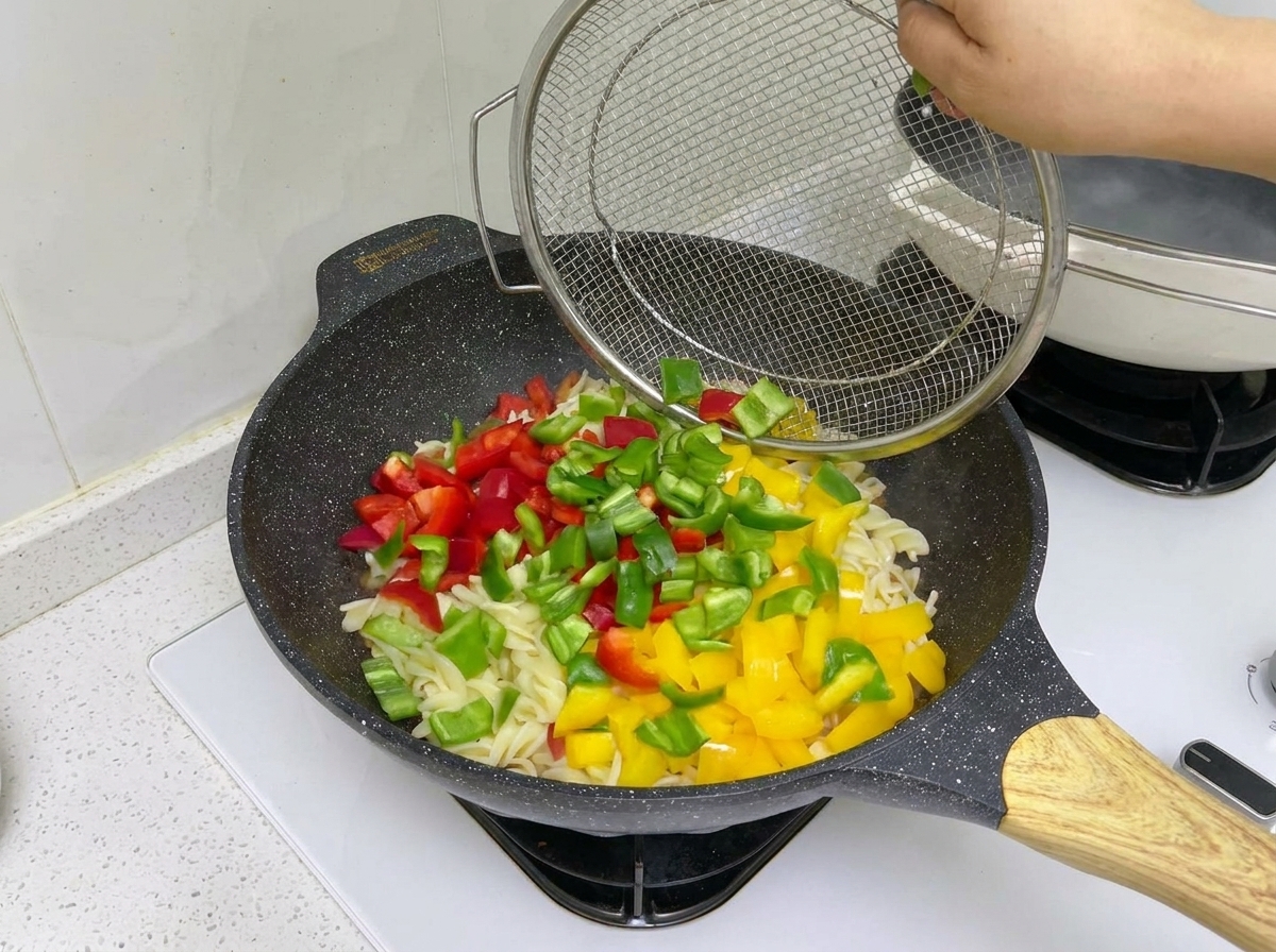 Bunte, gewürfelte Paprikastücke werden in den Wok zur Pasta und dem Fleisch gegeben.