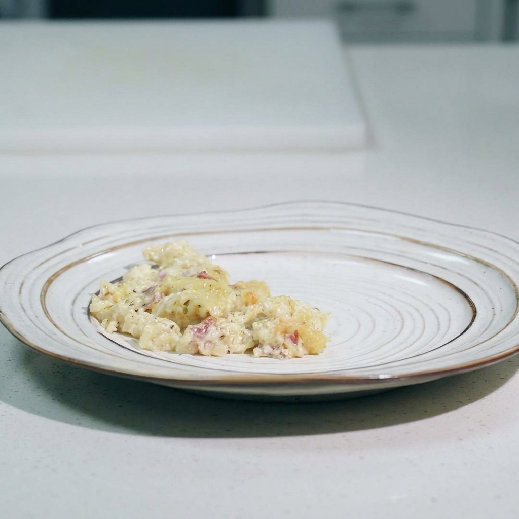 Pasta in einer Auflaufform, die vor dem Backen mit einer großzügigen, gleichmäßigen Schicht geriebenen Käses bedeckt ist.