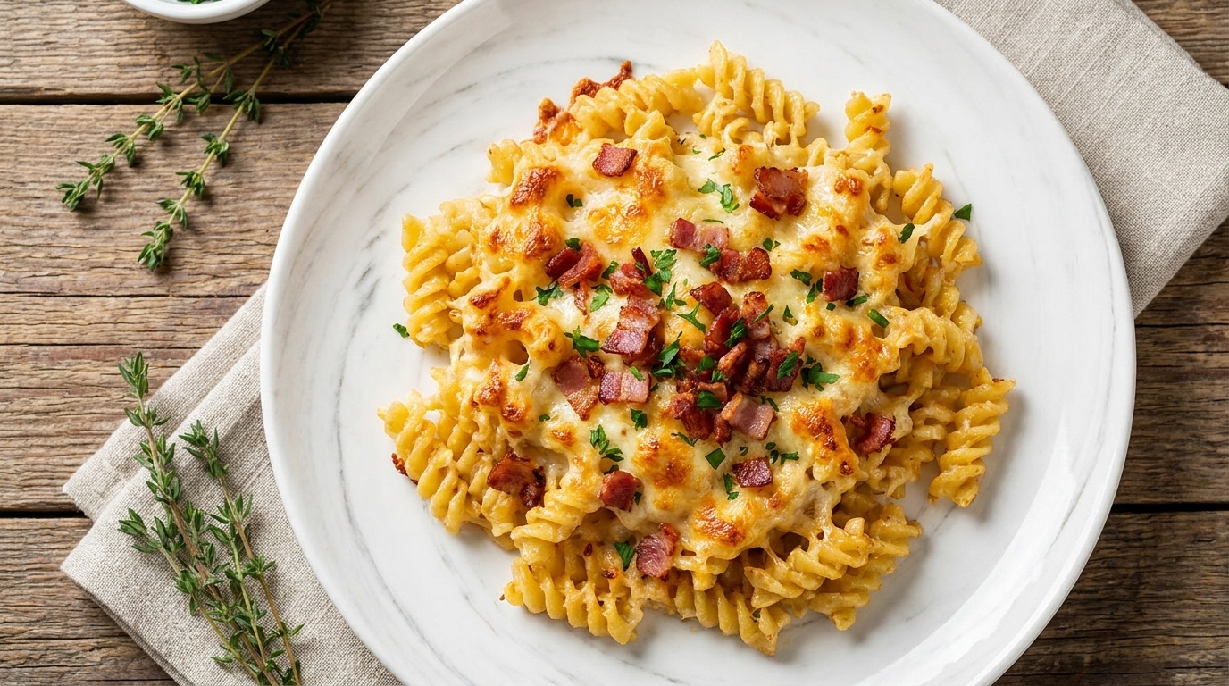 Überbackene Speck-Käse-Pasta