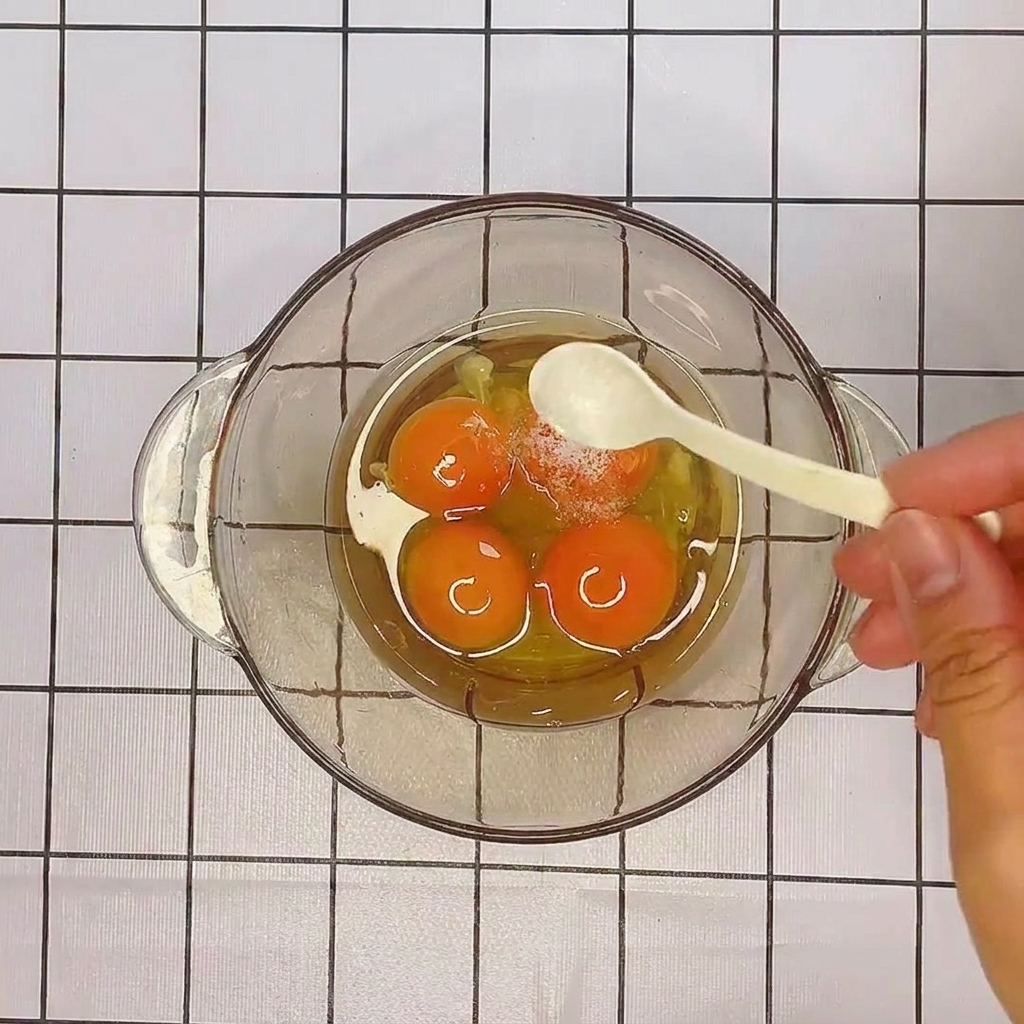Die Zutaten für die Sauce wie Eier, Käse und Gewürze in einer Glasschüssel.