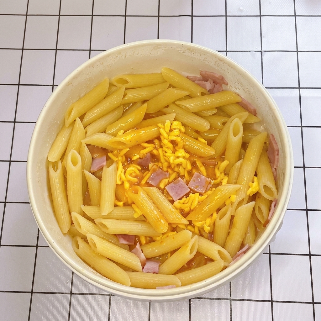 Ei-Käse-Mischung wird in die Pfanne zu den Nudeln gegossen.