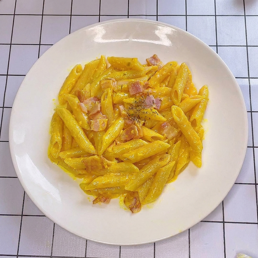 Ein Teller Carbonara-Pasta wird mit Kräutern bestreut.