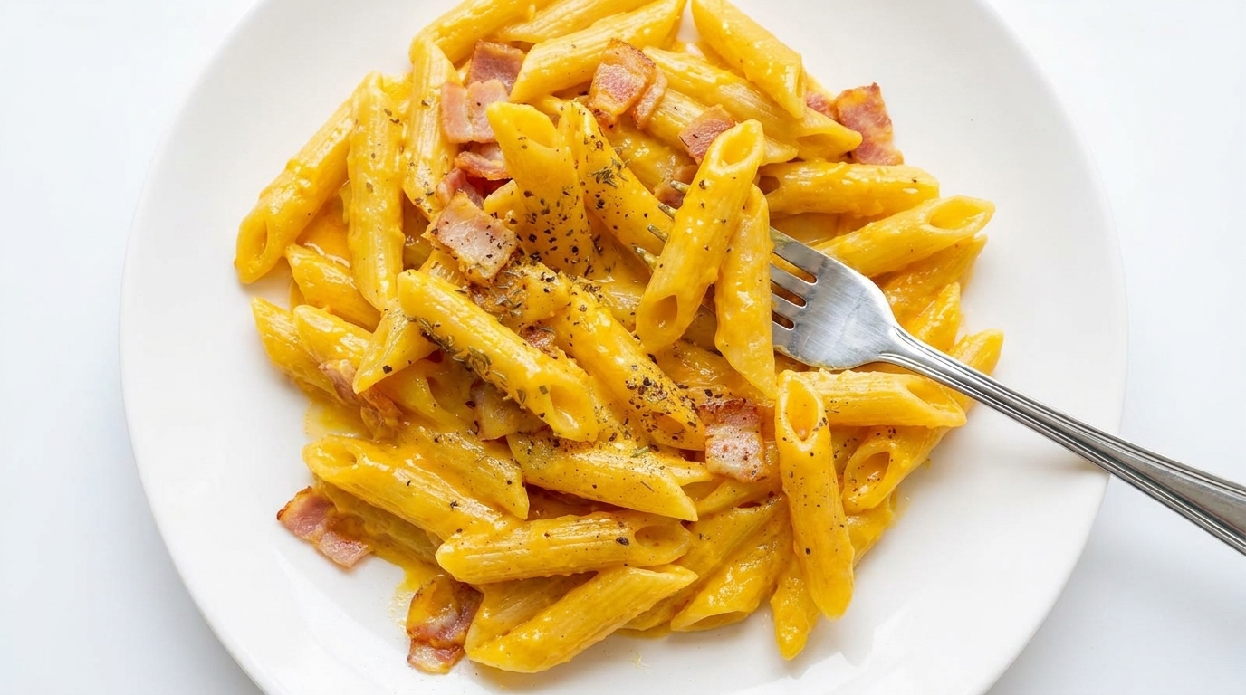Cremige Penne mit Speck und Käse
