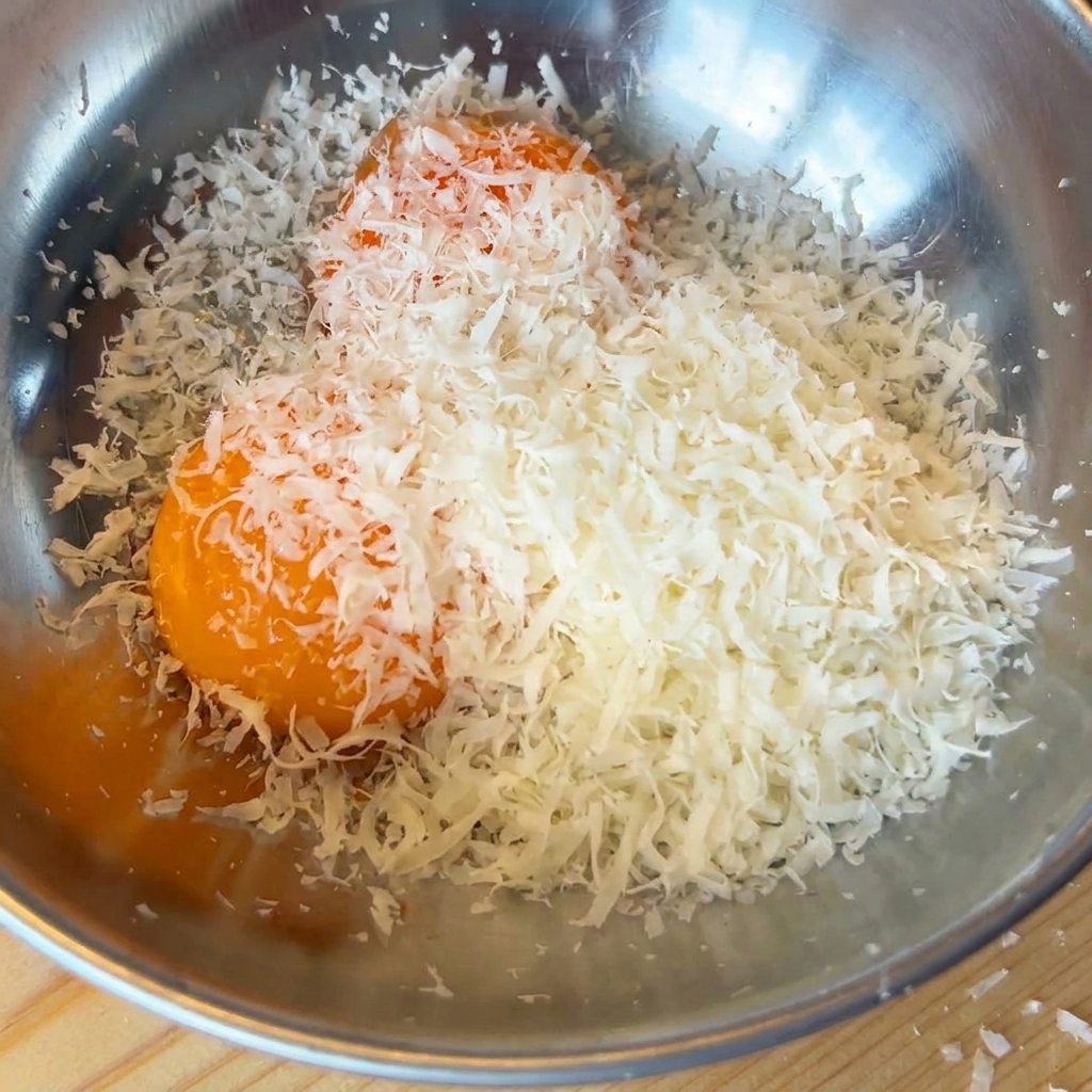 Zwei Eigelb in einer Schüssel mit frisch geriebenem Käse.