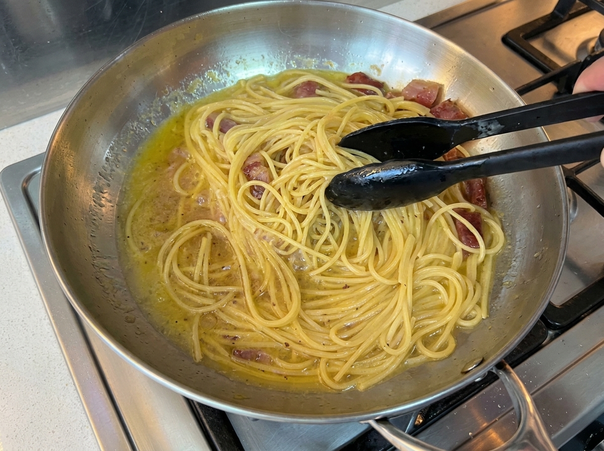 Spaghetti werden in der Pfanne mit dem Speck und der Flüssigkeit geschwenkt.