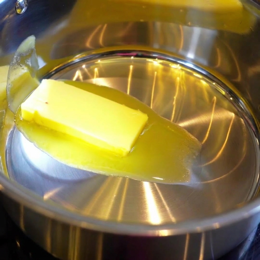 Butter schmilzt in einem Topf, während Mehl untergerührt wird, um eine Mehlschwitze zu bilden.
