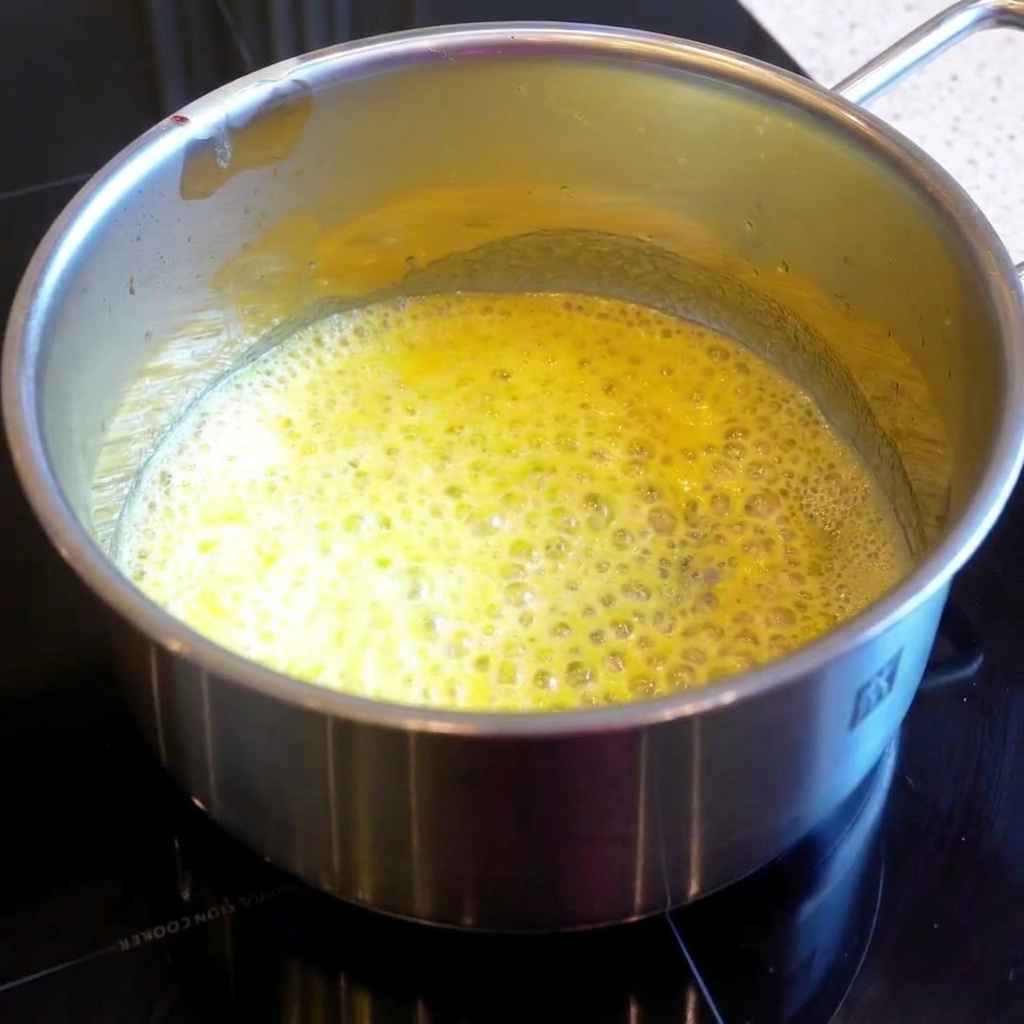 Sahne und Milch werden in die Mehlschwitze im Topf eingerührt.