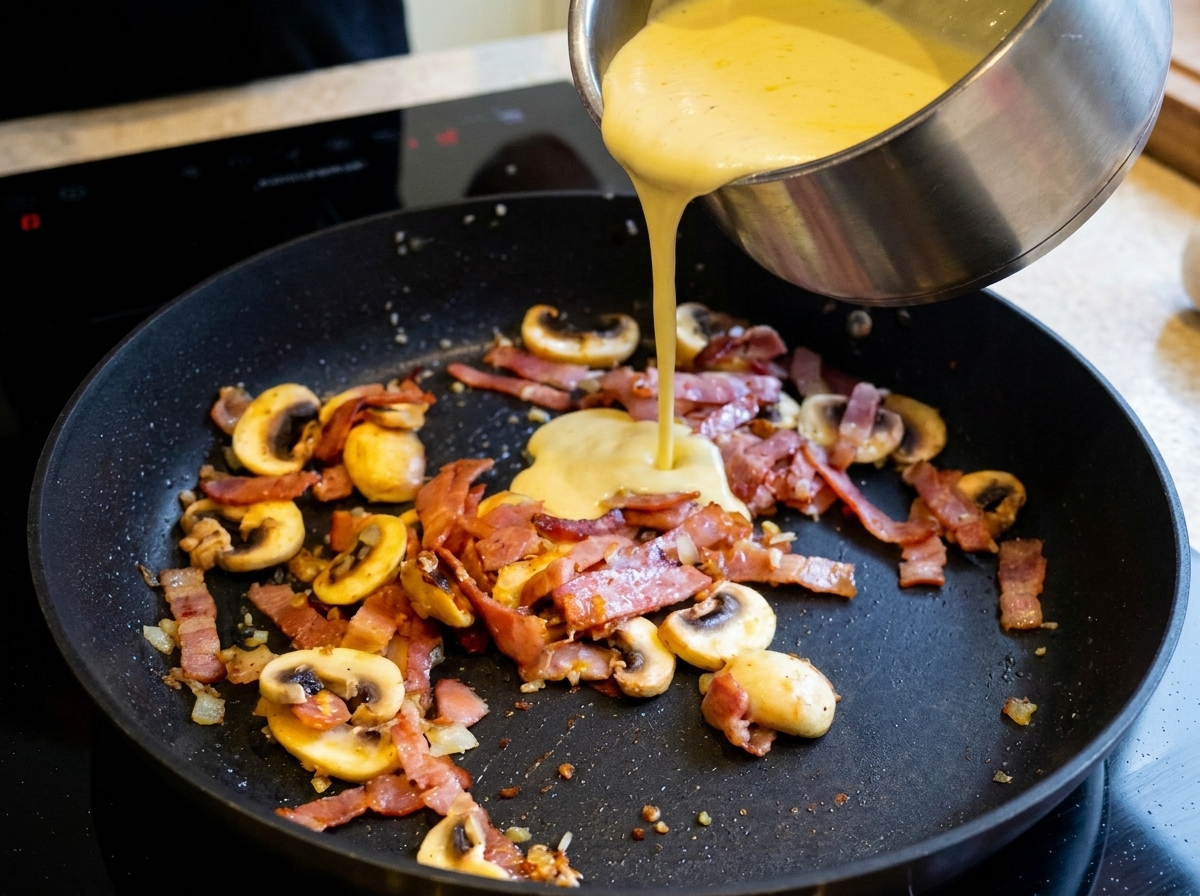 Die weiße Sahnesauce wird in die Pfanne über den Speck und die Pilze gegossen.