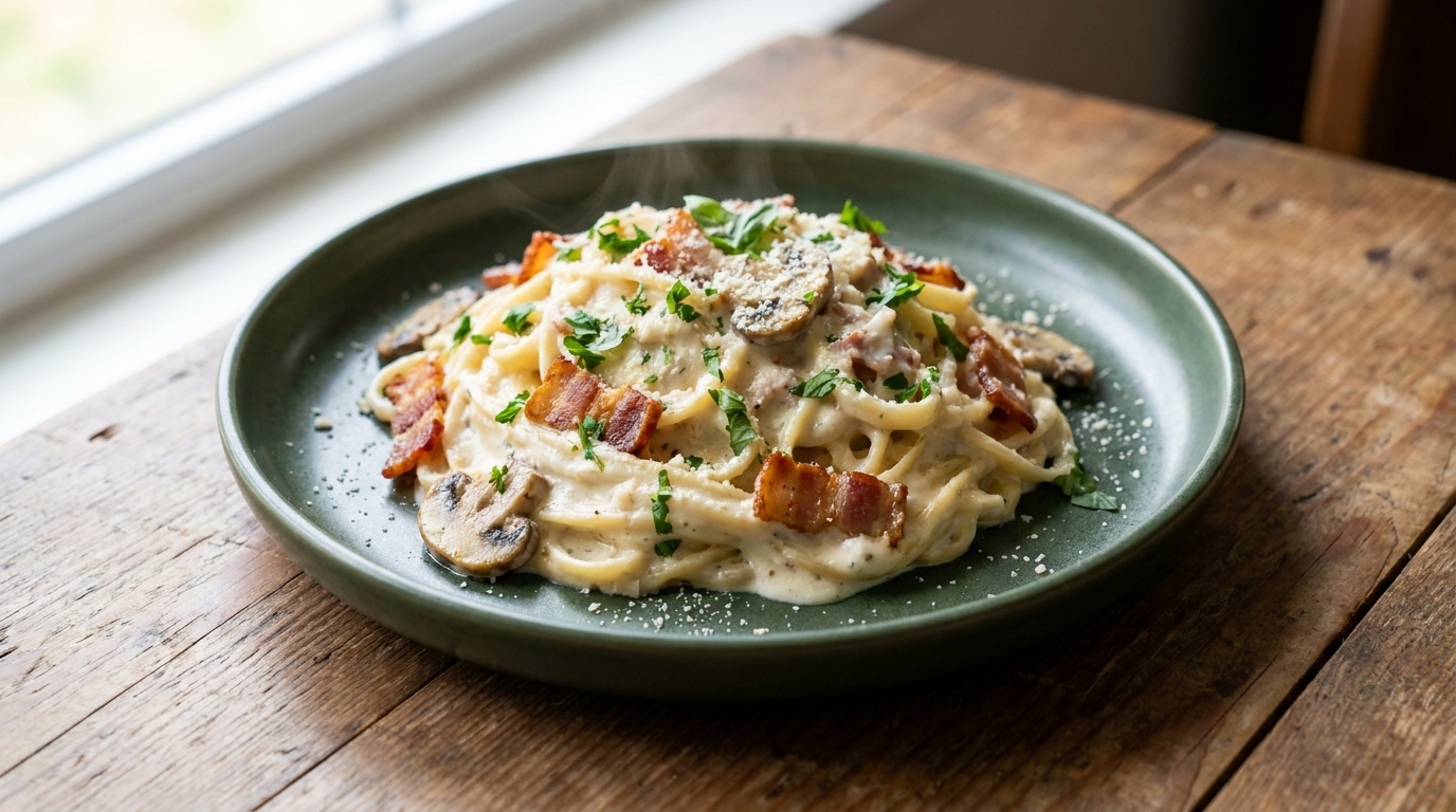 Ein Teller cremige Pasta mit Speck und Champignons, angerichtet mit glänzender Sauce.