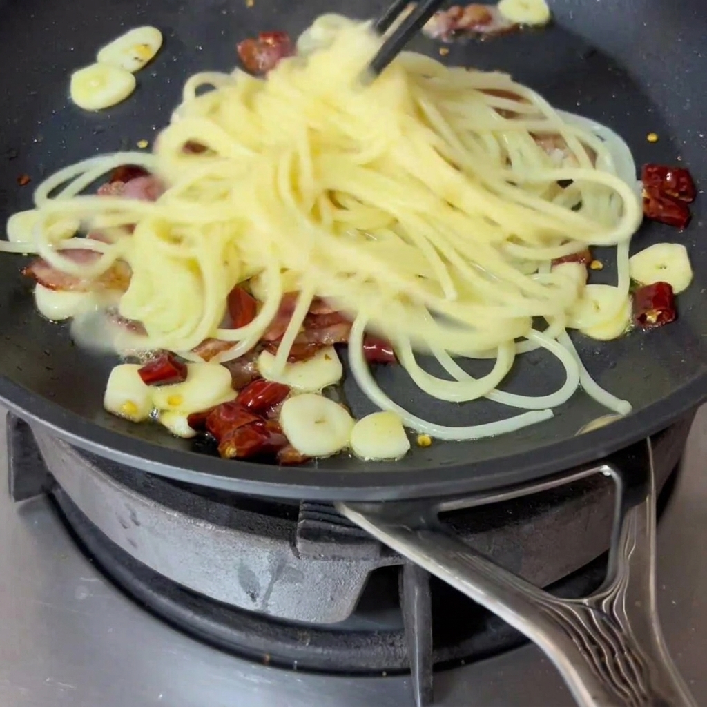 Gekochte Spaghetti werden mit Stäbchen direkt aus dem Topf in die Pfanne zur Speck-Knoblauch-Mischung gegeben.