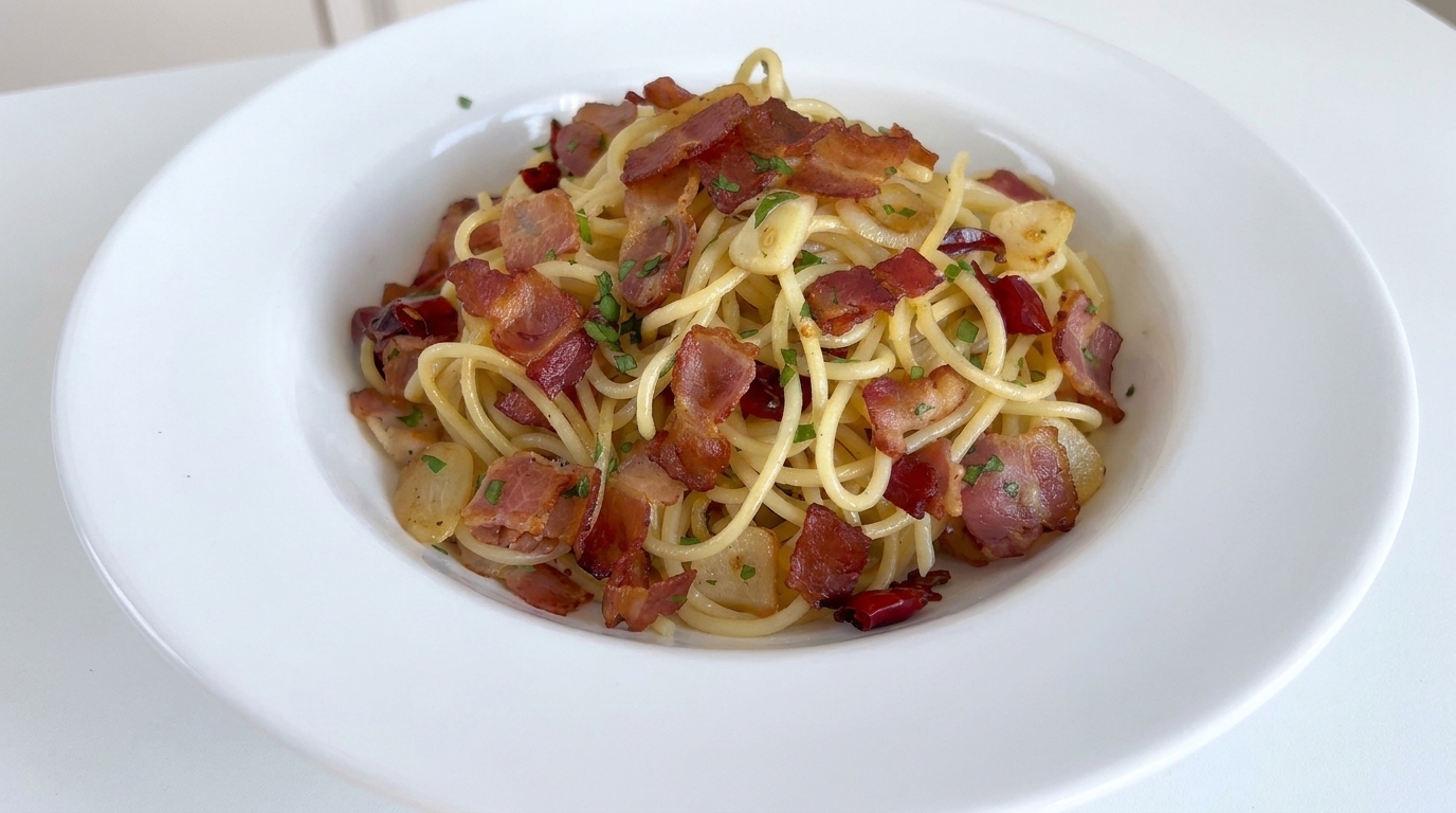 Klassische Knoblauch-Speck-Spaghetti (Spaghetti Aglio, Olio e Peperoncino mit Speck)