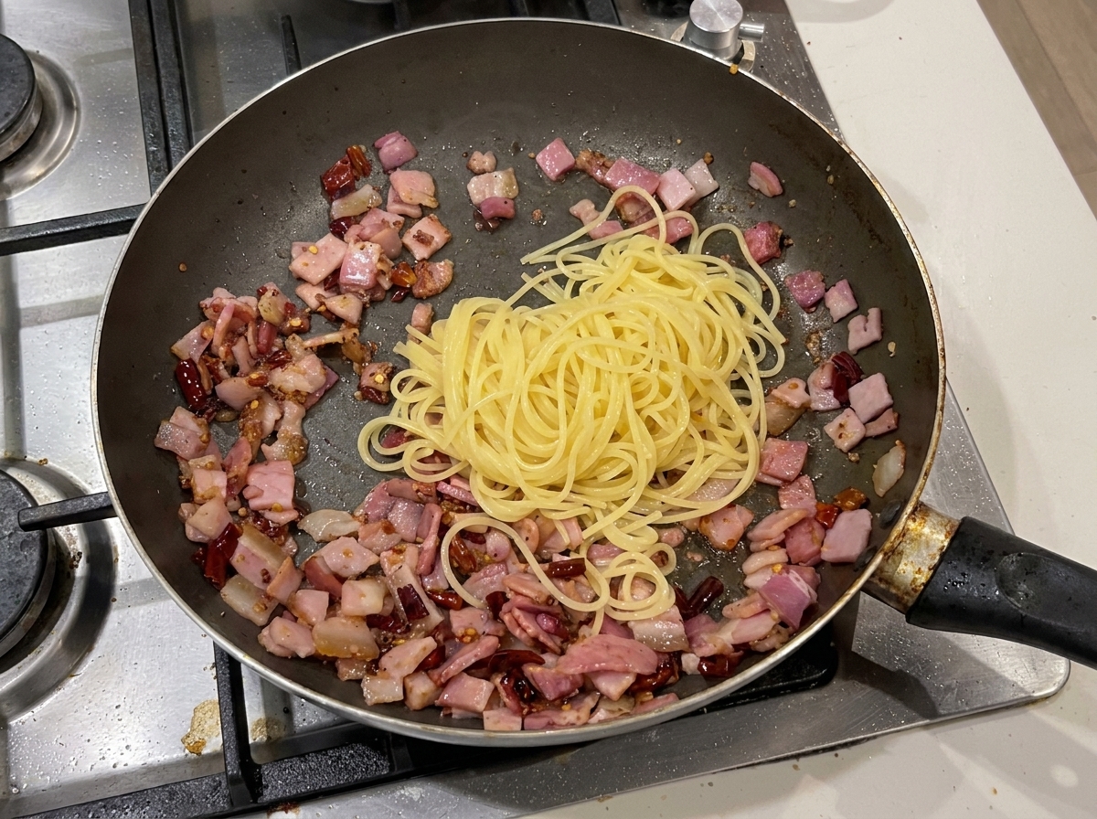 Spaghetti in einer heißen Pfanne werden mit Speck und Chili vermengt.