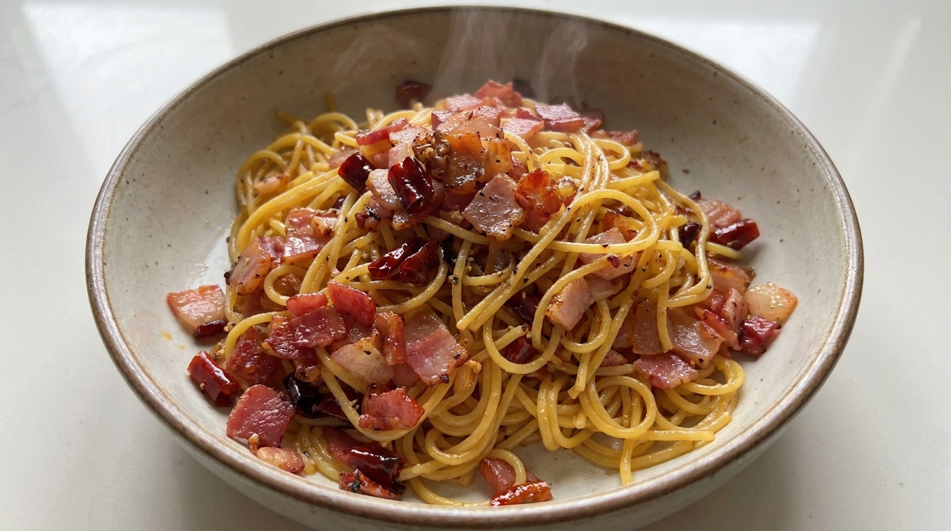 Würzige Spaghetti mit Knoblauch, Speck und Chili