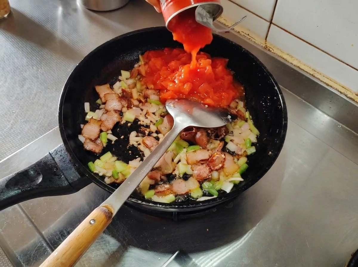 Dosentomaten werden in die Pfanne mit Speck, Schalotten und Sellerie gegossen.
