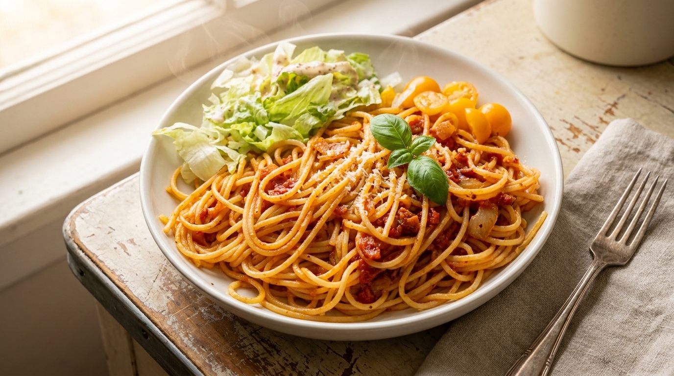 Eine perfekt angerichtete Portion Spaghetti mit Speck und Tomaten, serviert mit frischem Blattsalat und gelben Kirschtomaten.