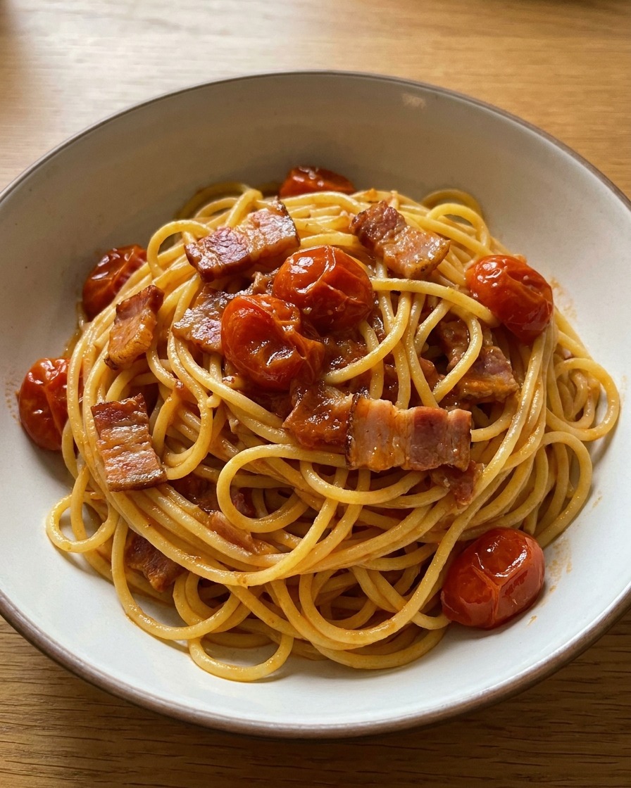 Spaghetti werden in der Pfanne mit Speck und Kirschtomaten geschwenkt, überzogen mit einer reichhaltigen, glänzenden Sauce.
