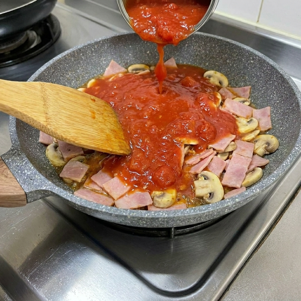 Gestückelte Tomaten werden in die Pfanne mit Speck und Knoblauch gegossen.