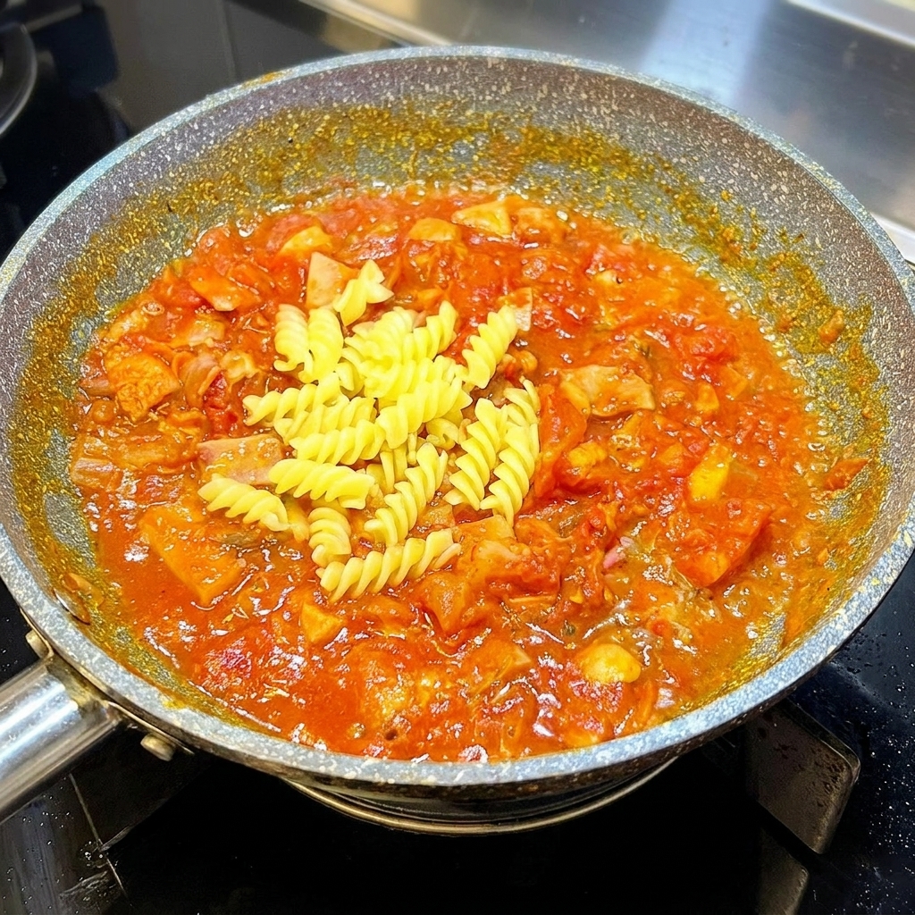 Gekochte Fusilli werden unter die Tomaten-Speck-Sauce gemischt.