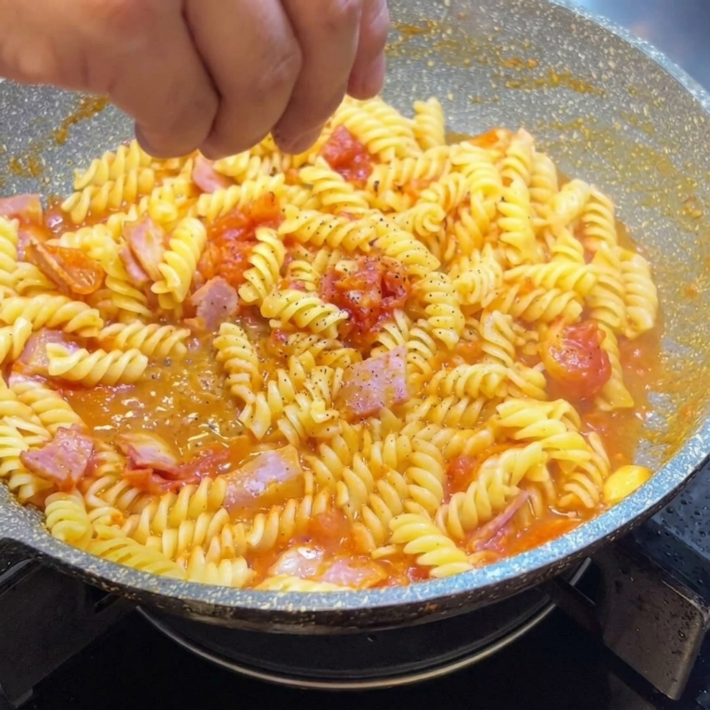 Fusilli mit Tomatensauce in der Pfanne werden mit frisch gemahlenem Pfeffer bestreut.