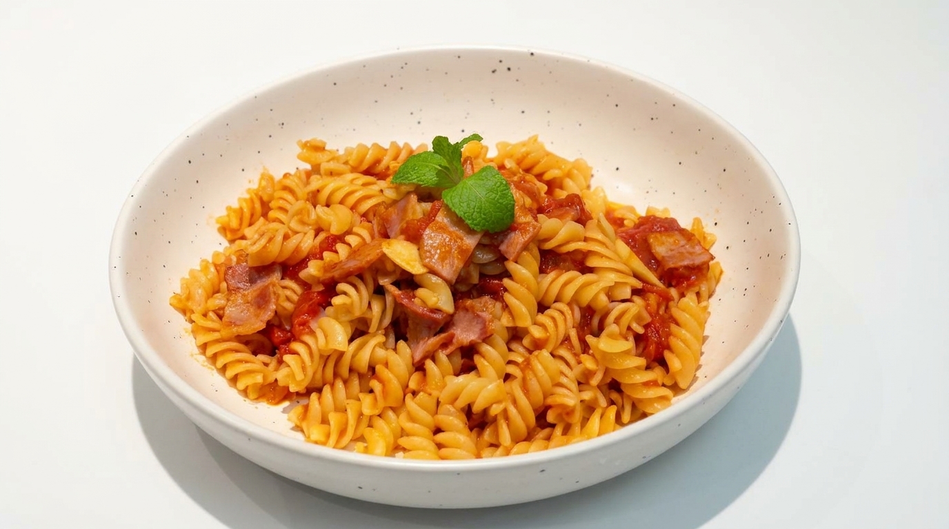 Eine Schüssel mit Fusilli in Tomaten-Speck-Sauce, garniert mit einem frischen Minzblatt.