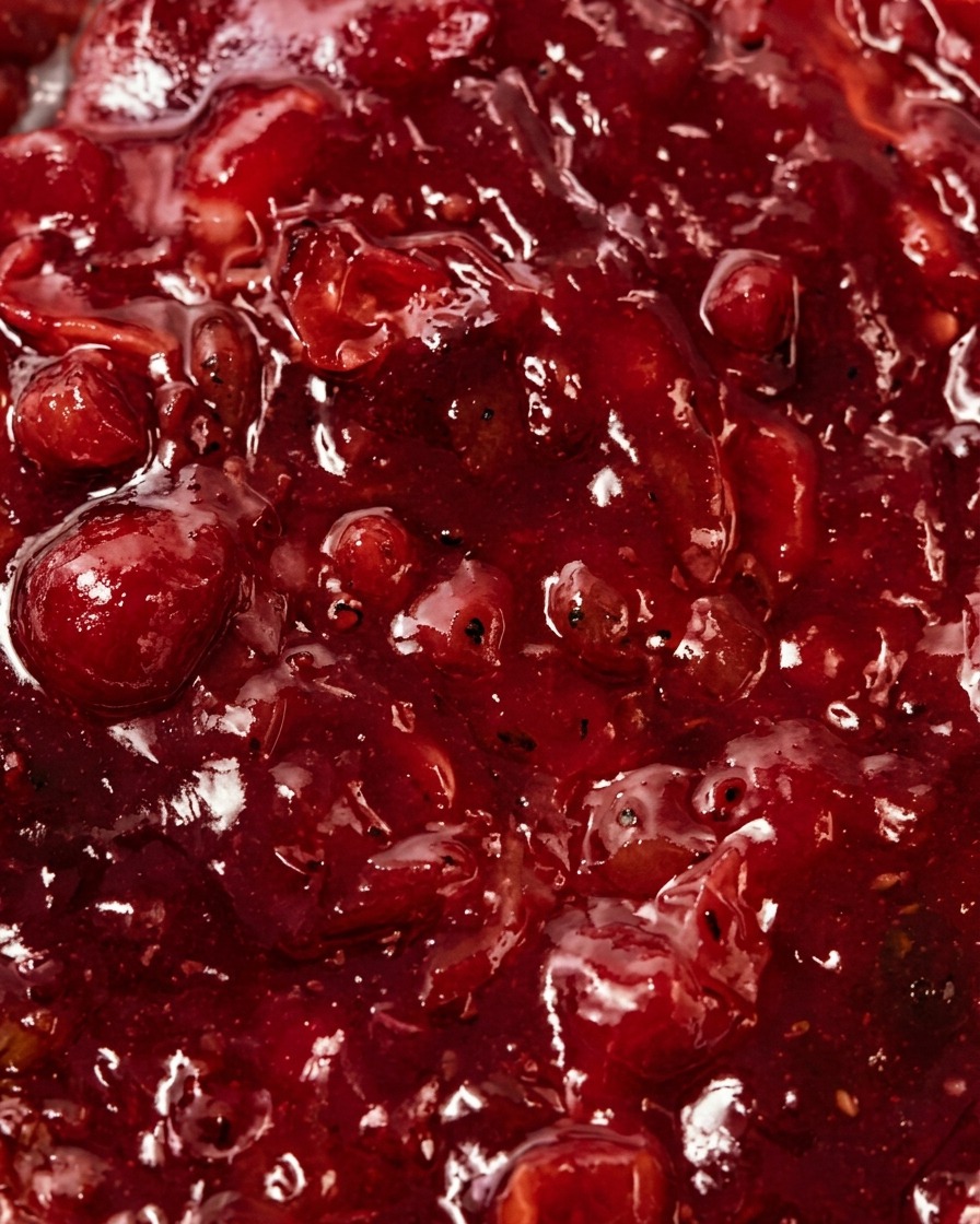 Nahaufnahme, wie Gewürze von oben in die köchelnde Tomaten-Speck-Sauce gestreut werden.