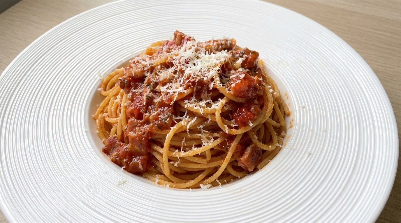 Klassische Tomaten-Speck-Pasta