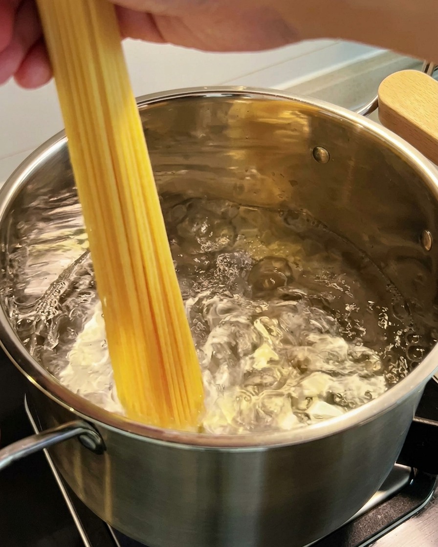 Spaghettinudeln werden in einen Topf mit kochendem Wasser gegeben.