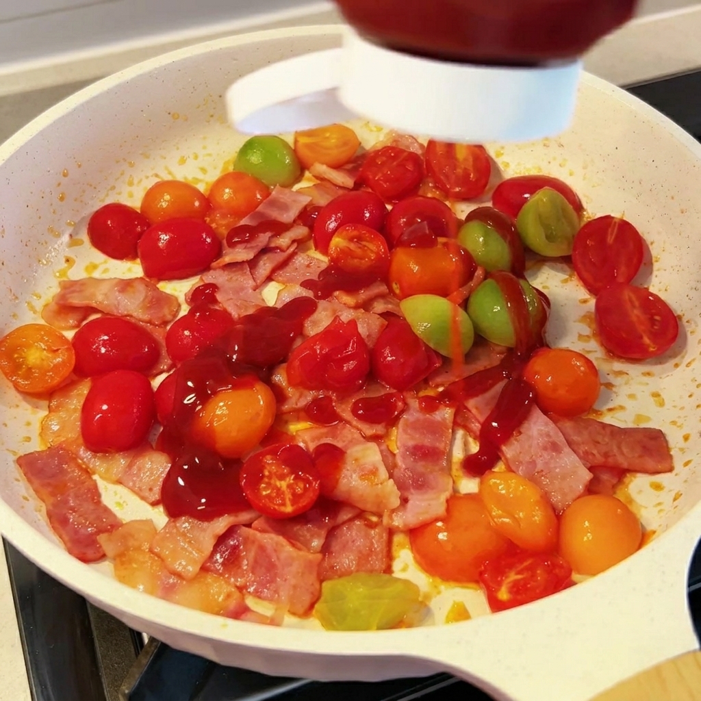 Tomatensauce wird aus einer Flasche über Speck und Kirschtomaten in einer weißen Pfanne gegeben.