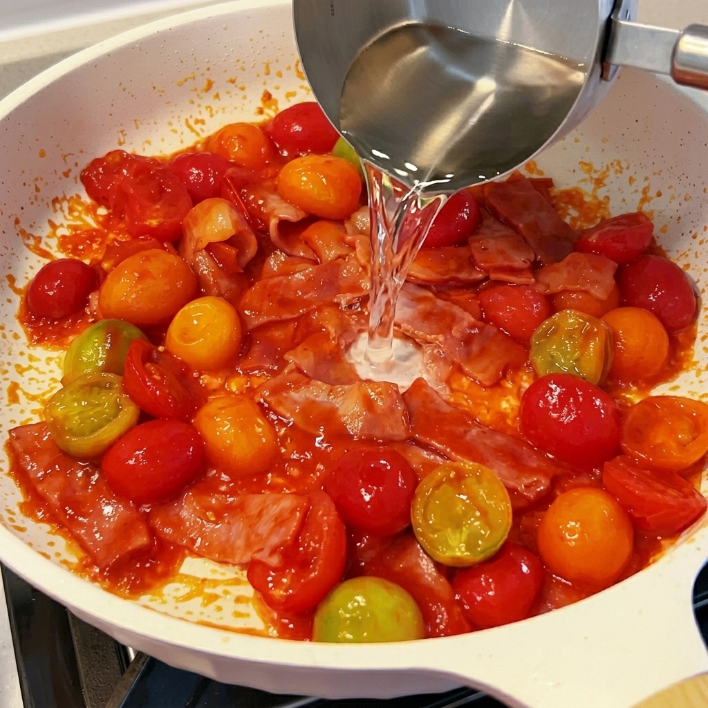 Wasser wird in eine Pfanne mit gebratenem Speck und Tomaten gegossen.
