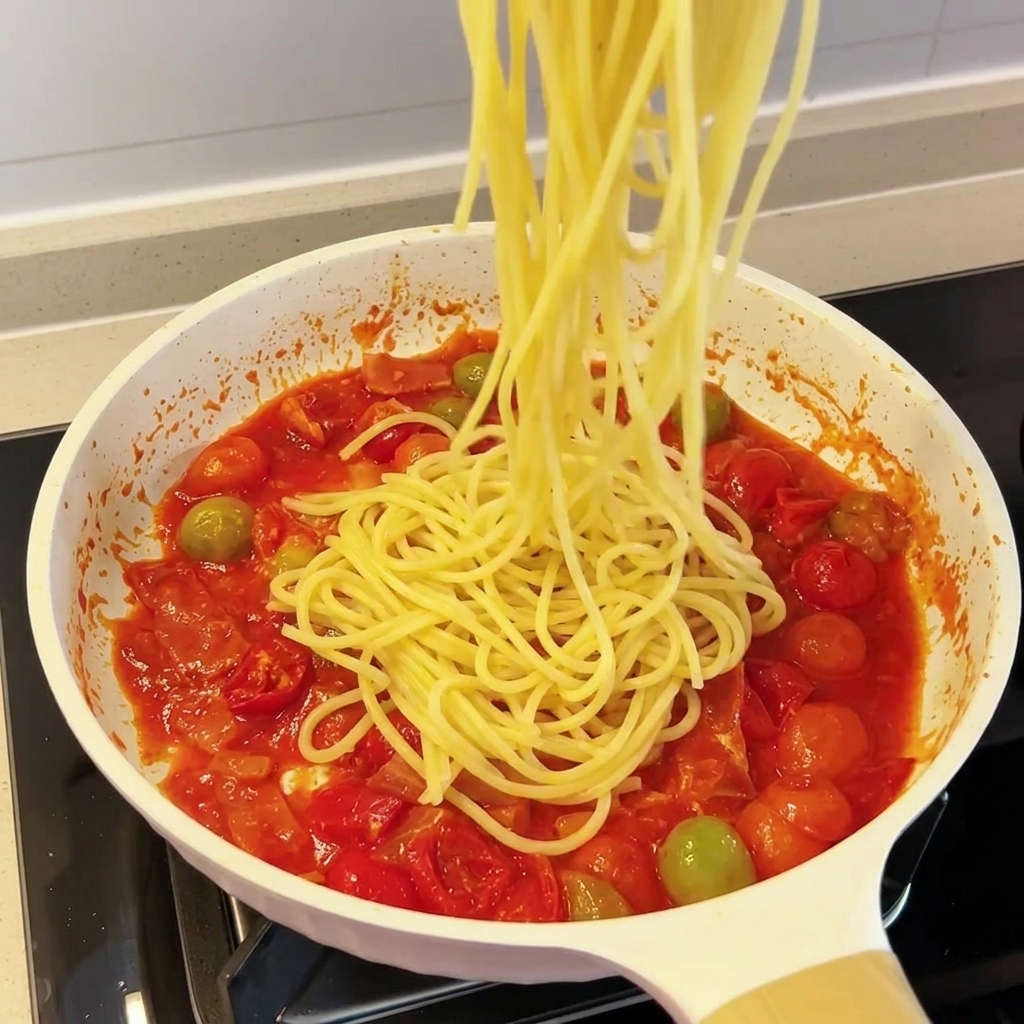 Gekochte Spaghetti werden in die cremige Tomaten-Speck-Sauce gemischt.