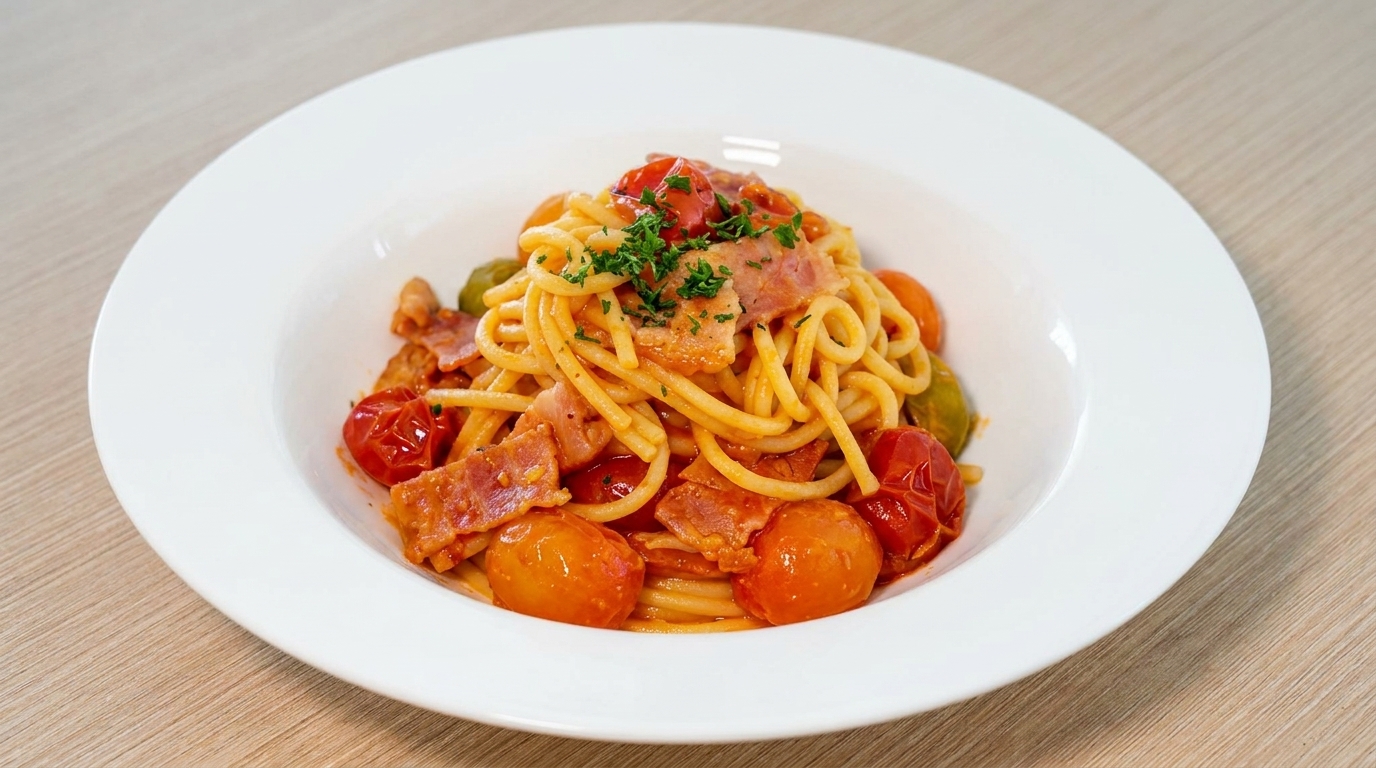 Würzige Tomaten-Speck-Pasta mit Käsesauce
