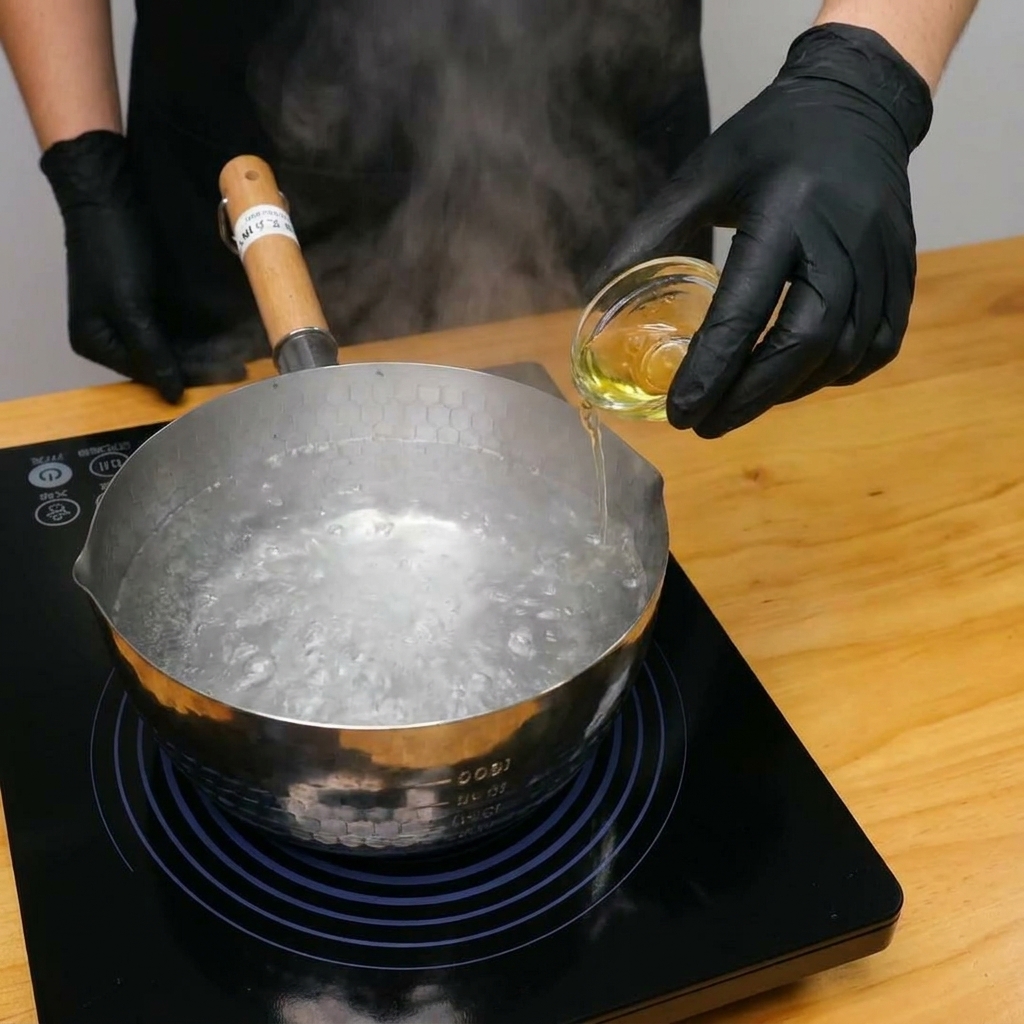 Trockene Penne-Nudeln werden in einen Topf mit kochendem Wasser gegeben.