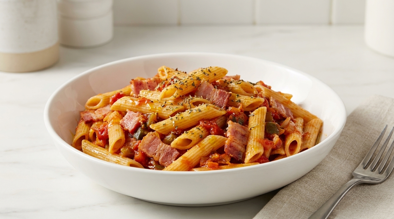 Herzhafte Penne mit Speck und Gemüse