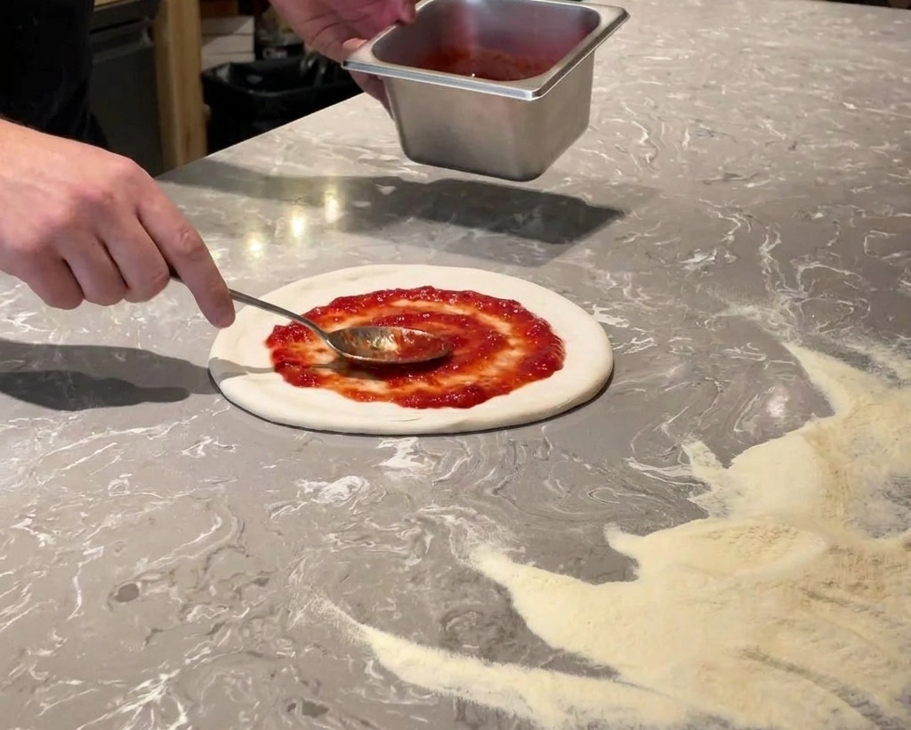 Ein Metalllöffel verteilt rote Tomatensauce in kreisenden Bewegungen auf dem Teig.