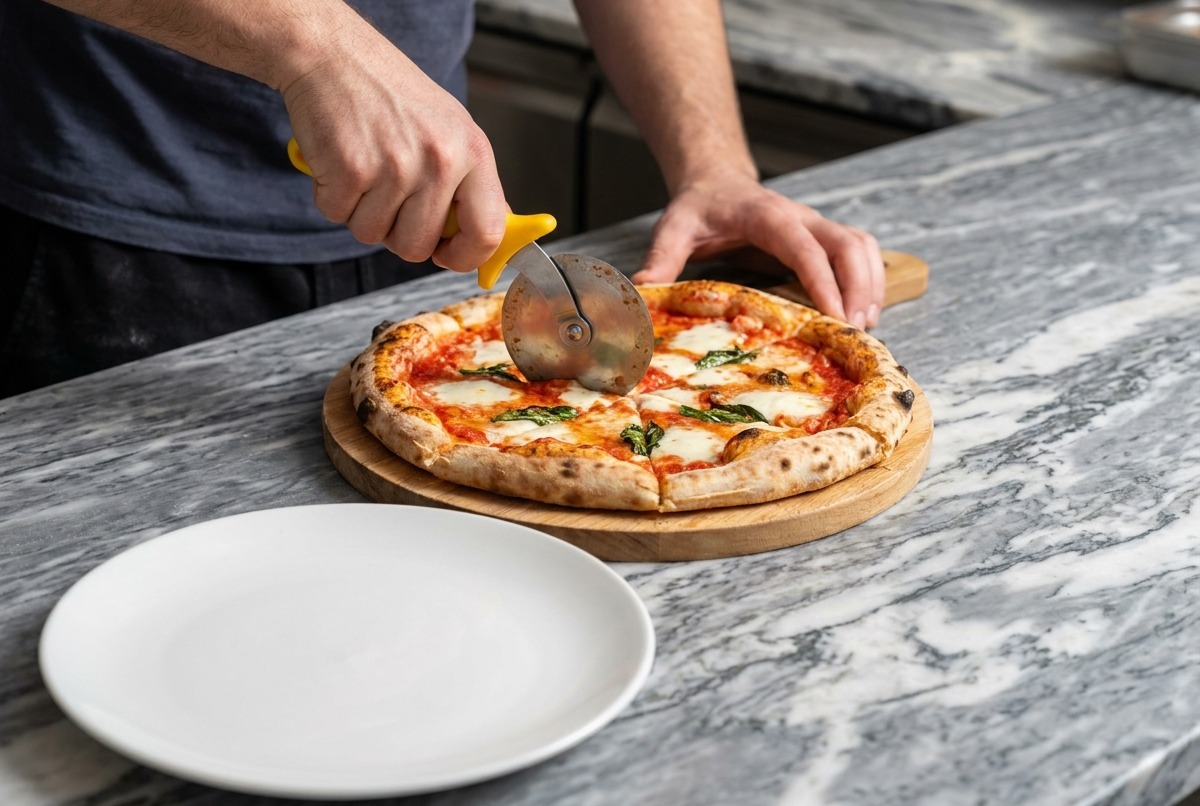 Ein roher Pizzateig mit Stücken von Mozzarella und grünen Basilikumblättern.