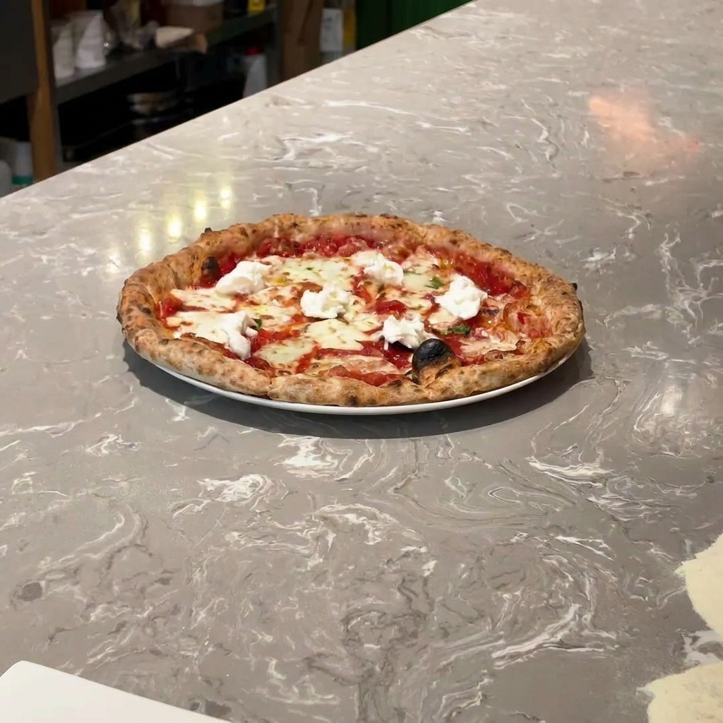 Frischer Büffelmozzarella wird auf eine bereits gebackene Pizza gezupft.