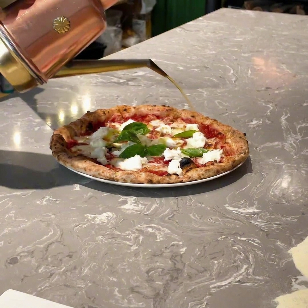 Olivenöl wird aus einem Kupferkännchen über die fertige Pizza geträufelt.