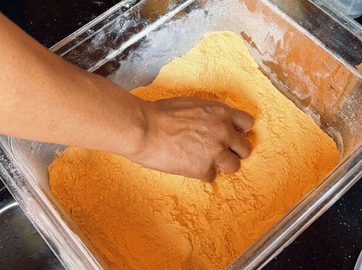 Pizzateig in einem Behälter mit gelbem Maisgrieß bestreut.