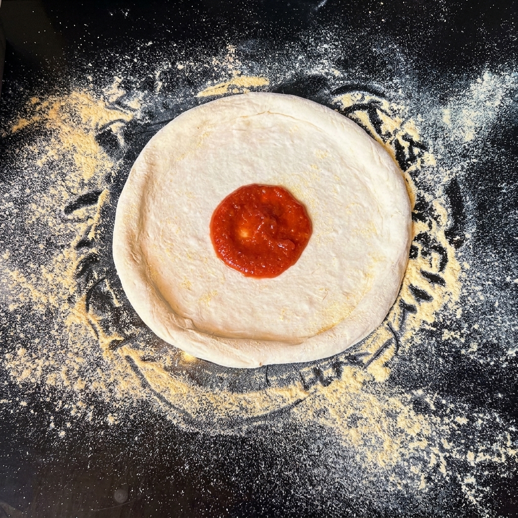 Runder Pizzateig auf schwarzer Arbeitsplatte mit einem Klecks roter Tomatensauce in der Mitte.