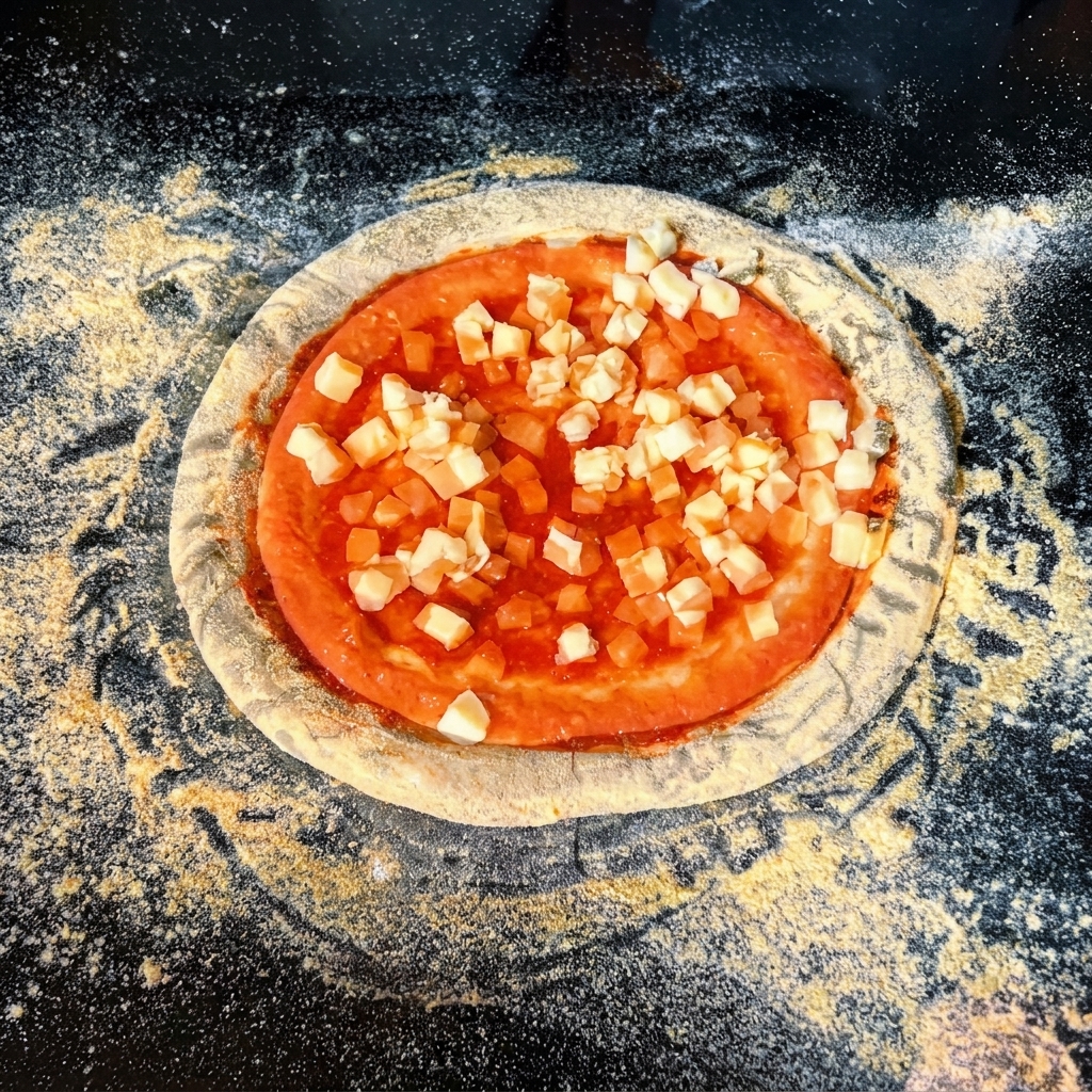 Pizzateig mit Tomatensauce und darauf verteilten Mozzarella-Würfeln.