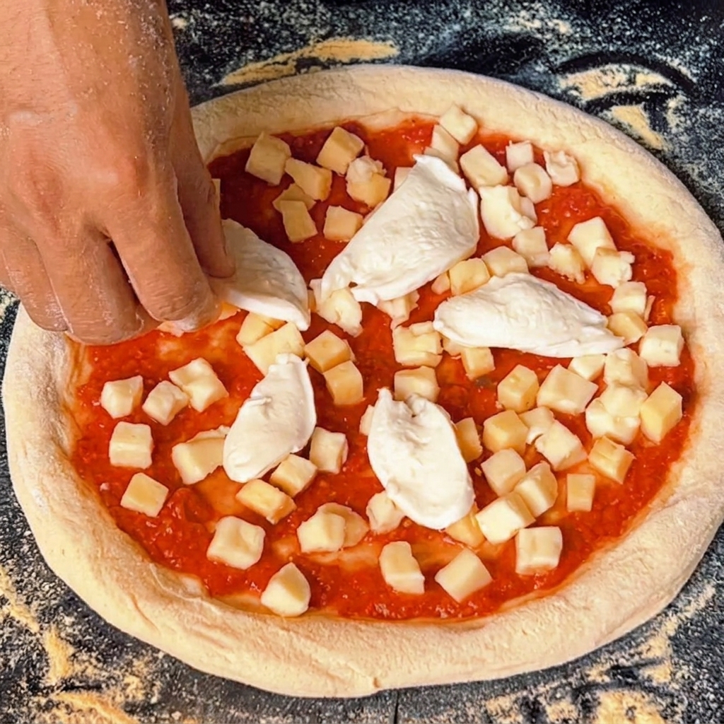 Hand, die Stücke von frischem Büffelmozzarella auf die Pizza legt.