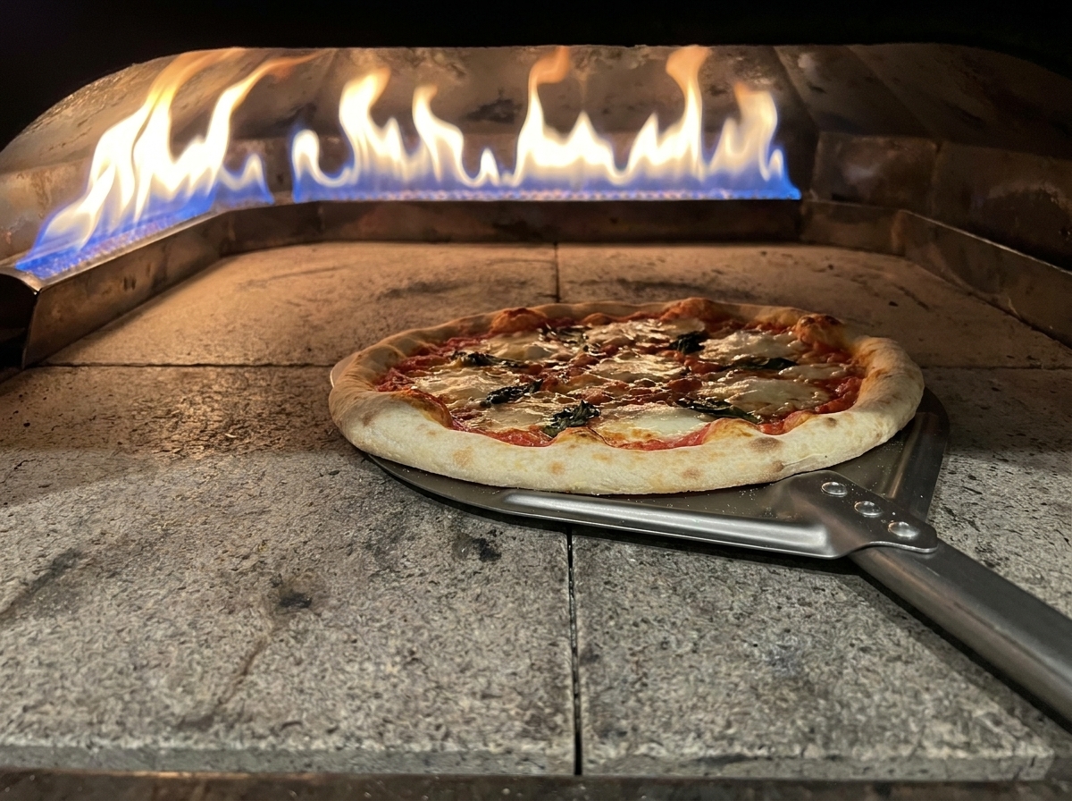 Eine Pizza Margherita bäckt im heißen Ofen nahe den Flammen.