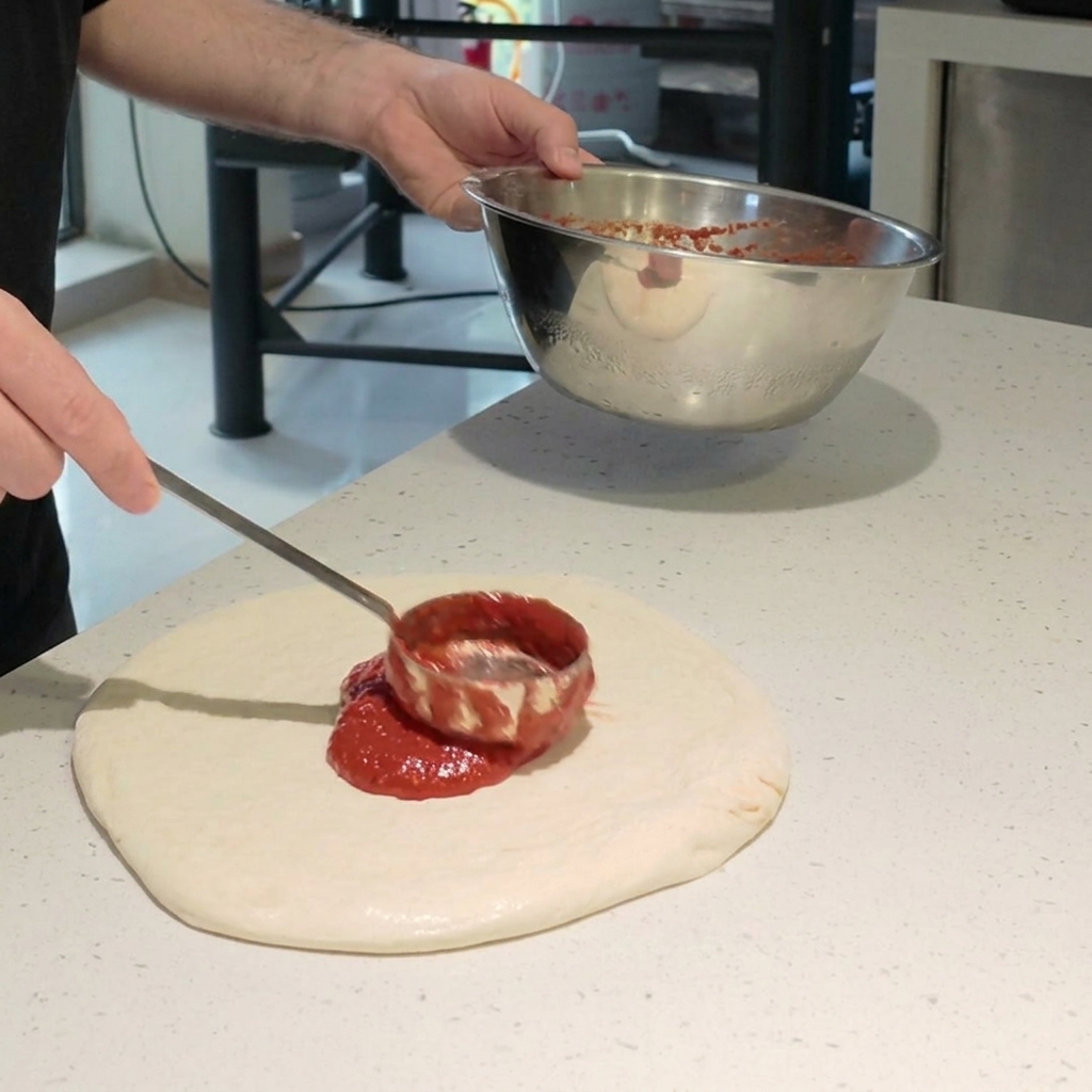 Pizza, belegt mit Mozzarellastücken und frischen grünen Basilikumblättern.
